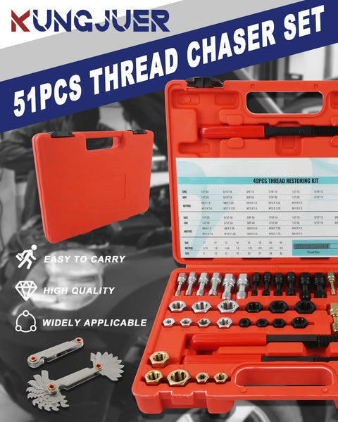 51 Piece Thread Repair Kit with taps, dies, files, and gauges in red case for UNC, UNF, Metric threads, pro-grade rethreading