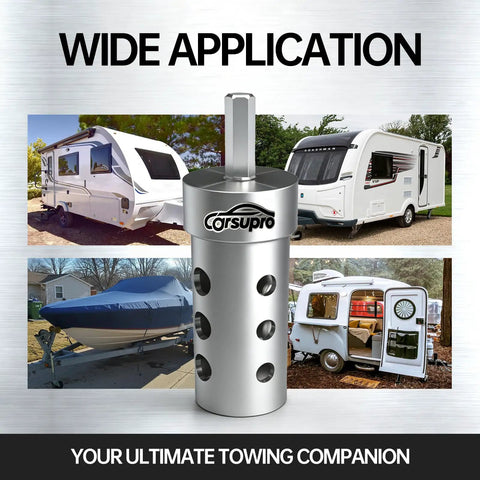 Heavy Duty Built Tough Trailer Jack Drill Adapter With Universal Fit For One Inch And One Half Inch Drive Shafts shown with RVs, boat