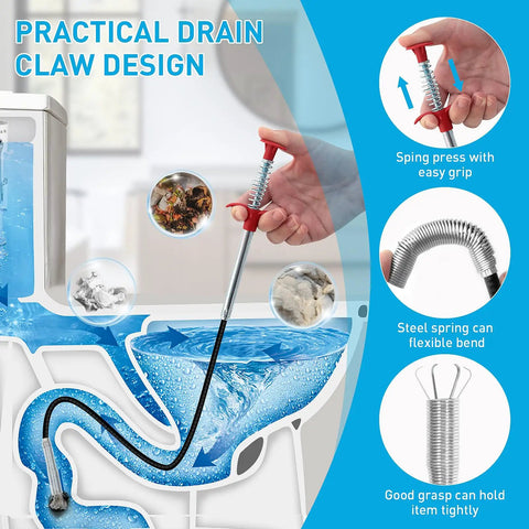 12 In 1 No Fuss Drain Clog Remover Kit With 25 Inch Stainless Steel Grabber Claw For Hair And Debris, 6 25 Inch Plastic Drain Snakes, 2 59 Inch Cleaning Brushes, And 3 18 Inch Sink Brushes For Bathroom Kitchen Toilet Tub Sewer