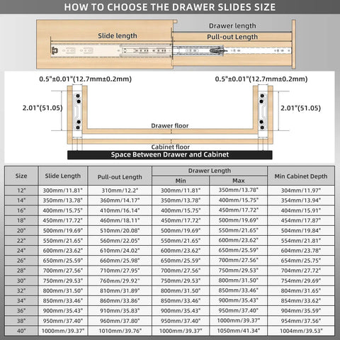 Diagram showing measurements for Heavy Duty Drawer Slides Built Like A Tank 12 To 40 Inch 150 Lb Load Capacity Full Extension Side Mount Ball Bearing Cabinet Rails Tool Box Runners Track Glides For Cabinets And Drawers.
