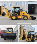 Compact Backhoe Loader Tractor 4x4 Do It All Digger And Loader For Backyard Gardening Farmland Small Construction Projects And Daily Property Maintenance Workhorse shown in 3 angles on an industrial site