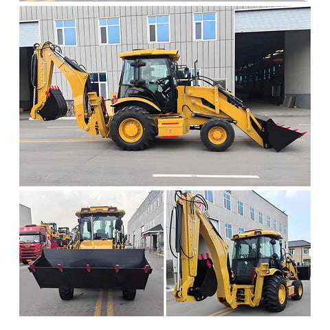 Compact Backhoe Loader Tractor 4x4 Do It All Digger And Loader For Backyard Gardening Farmland Small Construction Projects And Daily Property Maintenance Workhorse shown in 3 angles on an industrial site