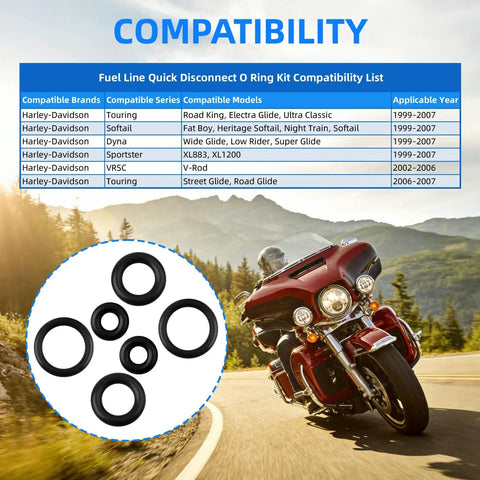 Harley Davidson Fuel Line Quick Disconnect O Ring Kit With Leak Proof Seals Two Sets Of Six O Rings with motorcycle and compatibility chart