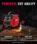55 Amp Plasma Cutter CUT55i Dual Voltage 110V 220V IGBT Inverter With Non Touch Pilot Arc cutting metal on workbench