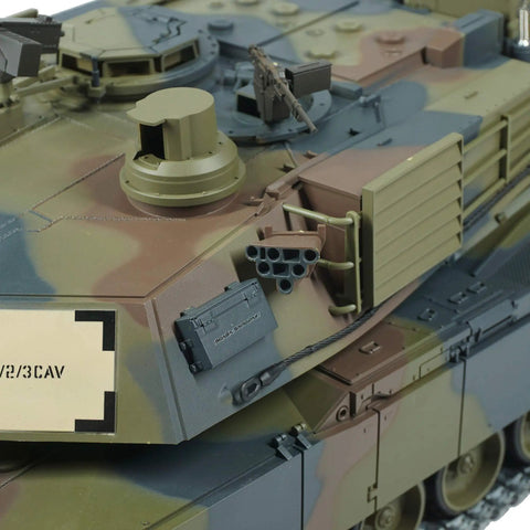 Close-up of camouflage Modified Edition 1/16 Scale M1A2 Abrams RC Tank With 360 Degree Turret, displaying turret details.