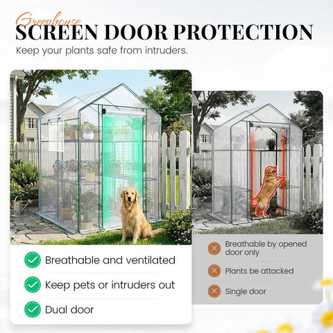 Walk In Outdoor Greenhouse With Thickened Cover And Reinforced Frame, Screen Windows And Mesh Door, 56 By 56 By 77 Inches, Three Tiers And Fourteen Shelves For Seedlings, Easy Access For Gardeners