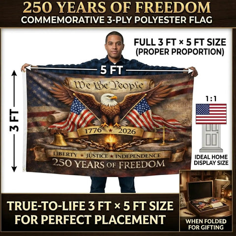 Person holding 250th anniversary double-sided 3x5 ft patriotic flag, vintage design, Betsy Ross 13 star, with brass grommets.