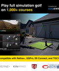Eye Mini Golf Launch Monitor And Indoor Outdoor Simulator shown compatible with GSPro, E6 Connect, TGC19 in a backyard setup.