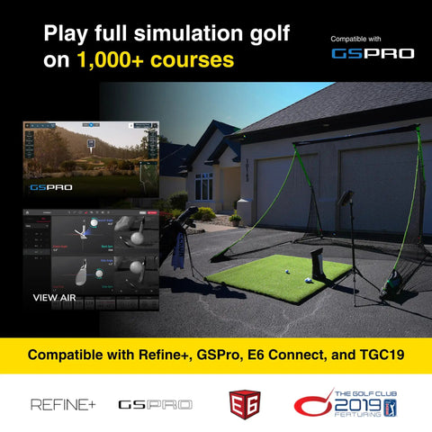 Eye Mini Golf Launch Monitor And Indoor Outdoor Simulator shown compatible with GSPro, E6 Connect, TGC19 in a backyard setup.
