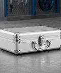 Tough As Nails Lockable Aluminum Alloy Toolbox With Shock Absorbing Foam Insert Portable Hard Storage Case For Crews On The Road, silver exterior.