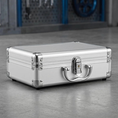 Tough As Nails Lockable Aluminum Alloy Toolbox With Shock Absorbing Foam Insert Portable Hard Storage Case For Crews On The Road, silver exterior.