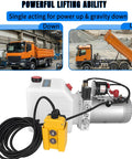 Beefy 4 Quart Hydraulic Power Unit For Dump Trucks And Trailers With 12V DC Electric Pump, shown with usage examples