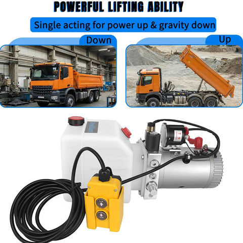 Beefy 4 Quart Hydraulic Power Unit For Dump Trucks And Trailers With 12V DC Electric Pump, shown with usage examples