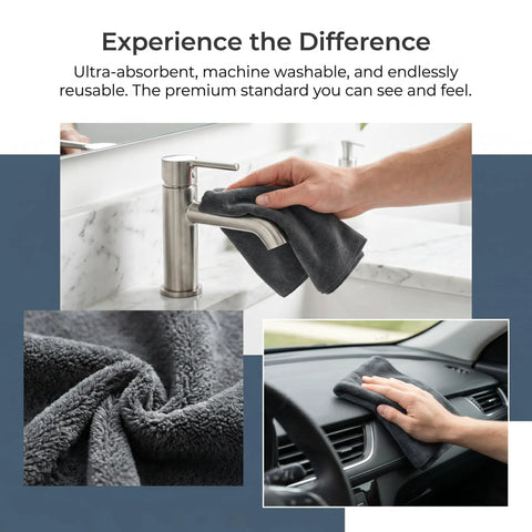 Must-Have Thick Reusable Microfiber Cloths For Kitchen And Car, used on a faucet and car dashboard, lint-free, 16 by 12 inch