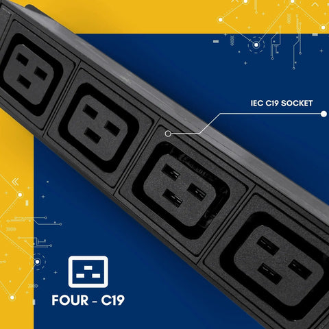 Close-up of C19 outlets on 30 Amp 240V Rack Mount Distribution Unit With Six C13 And Four C19 Outlets, Breaker And Surge Protector.