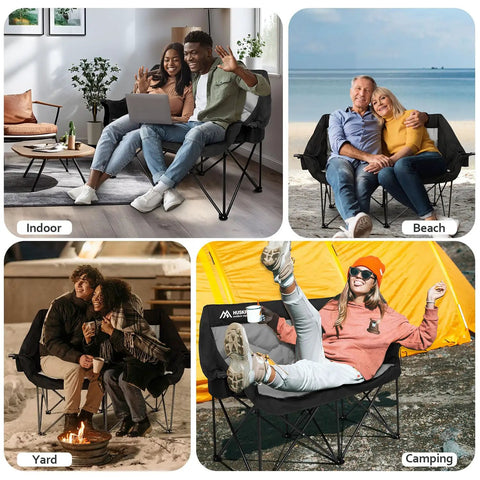 Two Person Oversized Camping Chair Loveseat For Adults Heavy Duty Folding Outdoor Couch Black Portable Patio Lawn Chair Great For Campsites Backyards And Decks Cozy Two Seat Camp Sofa in four different outdoor settings with people using it.