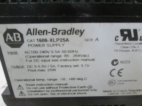 Label on 1606-XLP25A Series A Power Supply For Industrial Automation showing input and output specs