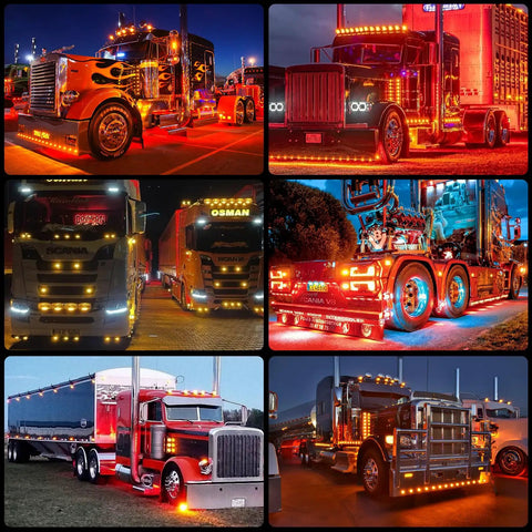 Collage of trucks with colorful LED lights showcasing visibility enhancements, highlighting 20 Pack Two Point Five Inch LED Trailer Lights Kit.