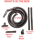 Shop Vac Compatible Replacement Hose Kit for Ridgid Style Vacuums with 6' hose, attachments, and extension wands.