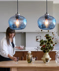 Hand Blown Marble Blue Glass Pendant Light For Kitchen Island Over Dining Table Dope Modern Farmhouse Globe Eight Point Seven Inch Ceiling Fixture In Brushed Nickel Finish With Easy Install And Balanced Hanging