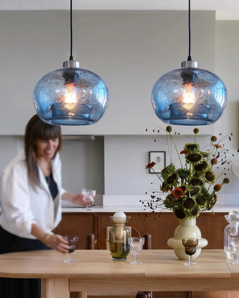 Hand Blown Marble Blue Glass Pendant Light For Kitchen Island Over Dining Table Dope Modern Farmhouse Globe Eight Point Seven Inch Ceiling Fixture In Brushed Nickel Finish With Easy Install And Balanced Hanging