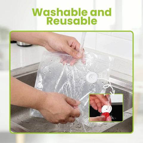 Person washing reusable bag for Portable Handheld Vacuum Sealer For Food With 32 Reusable Bags, Compact Yet Boss Level Kitchen Gadget