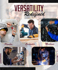 Collage of tradespeople including plumber, carpenter, mechanic, electrician, and welder, demonstrating versatility in professions.