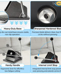 Features of Heavy Duty Manual Lever Circle Punch And Button Cutter, highlighting base stability, sharp blade, handle design, and limit stop.
