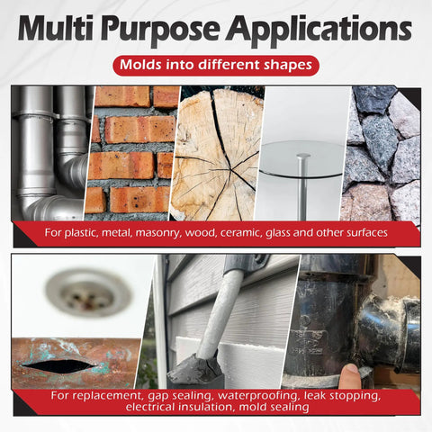 Black Moldable Silicone Putty Pre Cut Strips Non Hardening Gap Sealant For Ductwork And Windows shown applied to various surfaces.