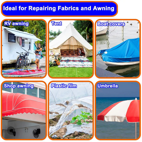 39 Foot RV Awning Repair Tape Waterproof Canvas Patch Kit for repairing RVs, tents, boat covers, shop awnings, and umbrellas