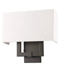 Meridian Collection Transitional Two Light Wall Sconce In English Bronze Finish With Warm Oatmeal Fabric Shade And A Sleek Angular Arm.