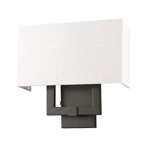 Meridian Collection Transitional Two Light Wall Sconce In English Bronze Finish With Warm Oatmeal Fabric Shade And A Sleek Angular Arm.