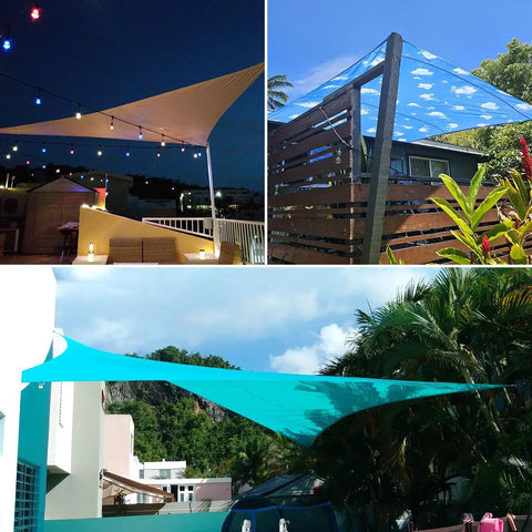 Night and day views of a 10 Ft By 15 Ft Waterproof Gray Shade Sail For Patio, Rectangle Sun Canopy UV Block, Outdoor Cover showing versatility.