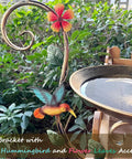 Sturdy Two In One Deck Bird Bath And Feeder Combo With Adjustable Railing Clamp Antique Gold Metal Yard Ornament with Hummingbird accent.