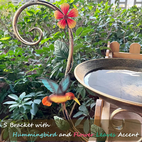 Sturdy Two In One Deck Bird Bath And Feeder Combo With Adjustable Railing Clamp Antique Gold Metal Yard Ornament with Hummingbird accent.