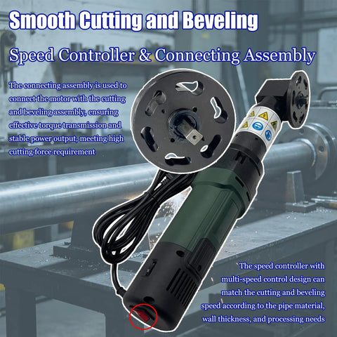 Heavy Duty External Clamp Pipe Beveling Machine With No Fuss Setup And Top Shelf Electric Pipe Cutting For Steel Tubing In 2 To 6.6 Inch Range Running On 220V Single Phase Power Supply speed controller and connecting assembly.