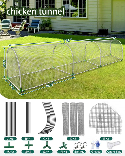 Outdoor Metal Chicken Run Tunnel For Eight To Twelve Chickens Predator Proof Easy Install with dimensions and parts shown