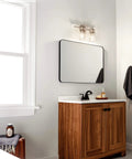 Farmhouse Vanity Light In Brushed Nickel With Clear Glass, Two Light Fixture Above Modern Bathroom Mirror, 15.75 Inch Wide, Ambient Glow