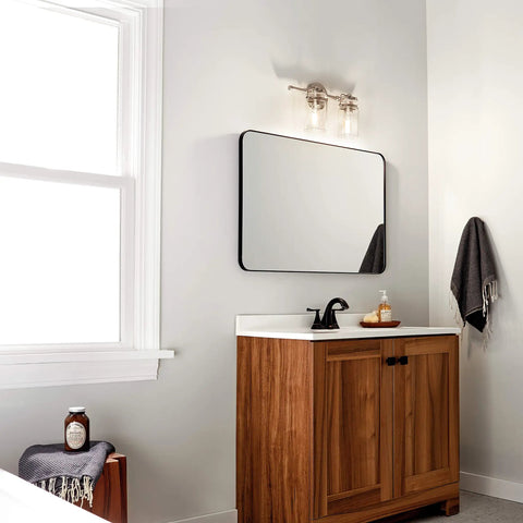 Farmhouse Vanity Light In Brushed Nickel With Clear Glass, Two Light Fixture Above Modern Bathroom Mirror, 15.75 Inch Wide, Ambient Glow