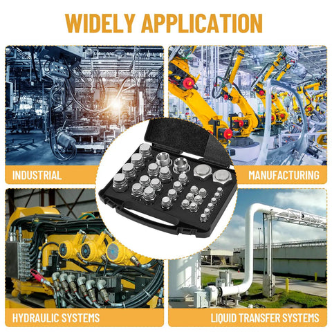 Heavy Duty BSPP Cap And Plug Kit For Hydraulic Systems, 56-piece galvanized steel fitting set shown with industrial applications