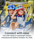 Two children seated in a blue and yellow bike trailer, wearing helmets, attached using Universal Flat Bike Trailer Coupler For A Wide Range Of Bicycle Sizes And Models Easy Hookup For Cargo And Child Trailers Fits Most Standard Hitches Durable Black. 