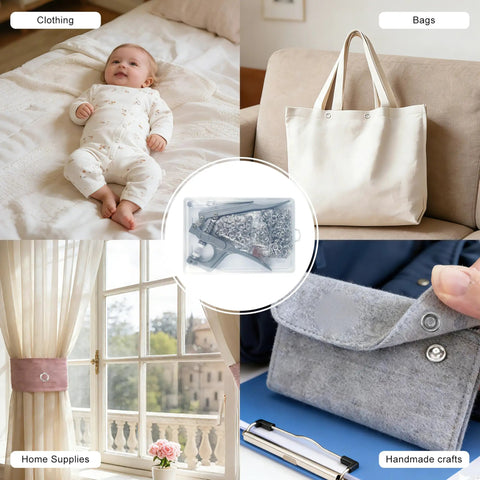 Four uses of 200 Sets 9.5mm Metal Snap Button Kit With Upgraded Easy Press Fastener Pliers shown on infant clothing, bag, curtain, and craft wallet.