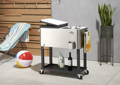 Stainless Steel Beverage Cooler On Wheels With Protective Cover, Rolling Cart With Shelf, 80 Quart Capacity on patio