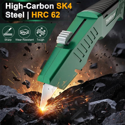 All Metal Utility Knife Retractable Heavy Duty Aluminum Body For Durable Cutting, Locking Blade, Pro Grade Box Cutter For Construction, Carpentry, And DIY Projects, Built To Withstand Drops And Tough Jobs, green body, SK4 steel blade cutting rock