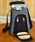 Party Squad Ready Two Bottle Insulated Wine Tote Bag With Houndstooth Pattern and portable cheese cutting board and opener.