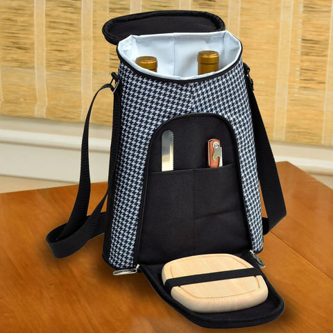 Party Squad Ready Two Bottle Insulated Wine Tote Bag With Houndstooth Pattern and portable cheese cutting board and opener.