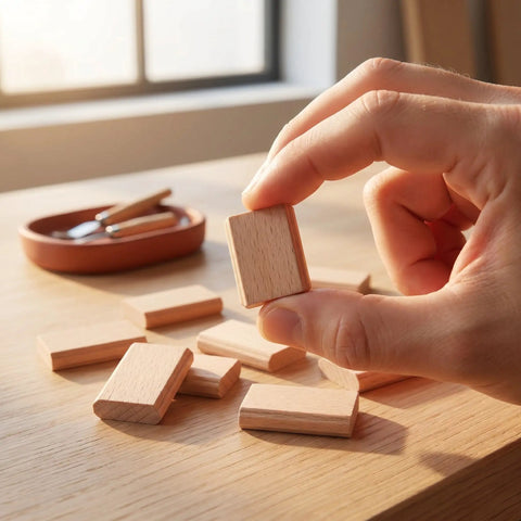 Wood Biscuit Alternative Tenons For Cabinet Making, Pro Grade Joinery Kit, 100 Pcs Brown Solid Wood Connectors For Easy, Accurate Fit And Smooth Installation In Furniture Assembly, hand holding wooden tenon