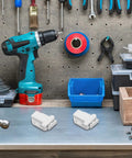 Push To Open Cabinet Hardware 8 Pack Self Closing Latch on workbench with drill, tools, and storage boxes