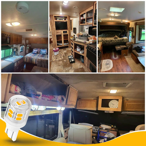 Five Pack T10 LED RV Lights For Camper And Boat Easy Swap 12V 24V installed in RV interior with warm white 2700K glow.