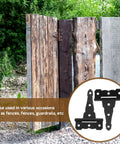 Rock Solid Five Inch T Shaped Barn Door Hinges Matte Black Iron Gate Hardware Two Pack displayed on rustic wood gates.